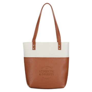 Mostrar detalles de Strength & Dignity Two-tone Toffee and Cream Felt Fashion Bible Tote Bag - Proverbs 31:25 Imagen de Strength & Dignity Two-tone Toffee and Cream Felt Fashion Bible Tote Bag - Proverbs 31:25