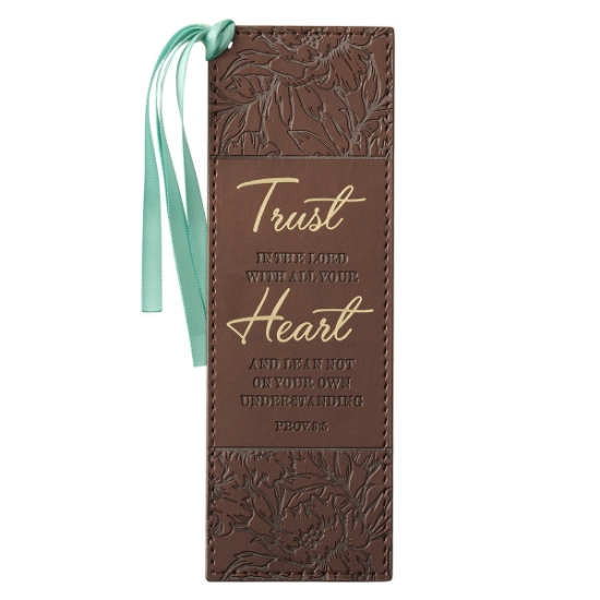 Imagen de Trust With All Your Heart Brown Floral Faux Leather Bookmark - Proverbs 3:5