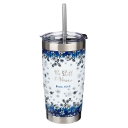 Imagen de Be Still & Know Blue Floral Stainless Steel Travel Mug with Reusable Stainless Steel Straw - Psalm 46:10