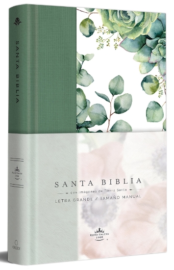 Imagen de Biblia RVR1960 letra grande Tapa dura y tela verde con flores tamaño manual
