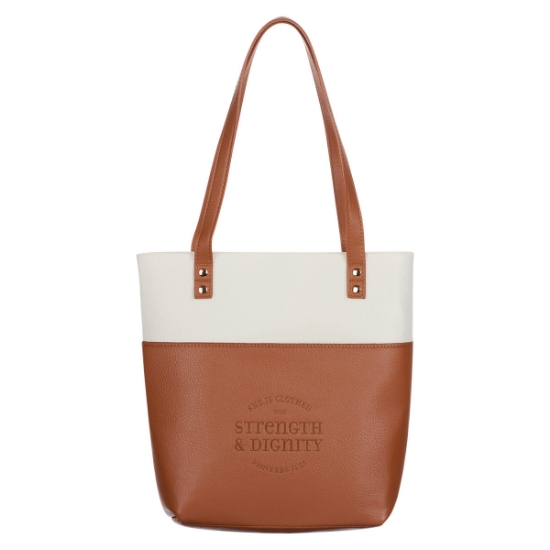 Imagen de Strength & Dignity Two-tone Toffee and Cream Felt Fashion Bible Tote Bag - Proverbs 31:25