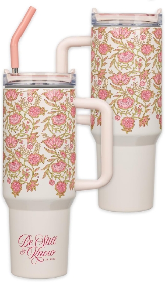 Imagen de Be Still and Know Pink Spring Floral 40 Oz Tumbler with Reusable Straw - Psalm 46:10