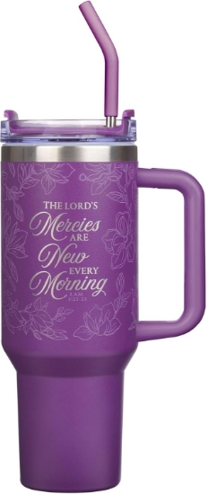 Imagen de New Mercies Purple Floral 40 oz Stainless Steel Tumbler with Straw - Lamentations 3:22-23