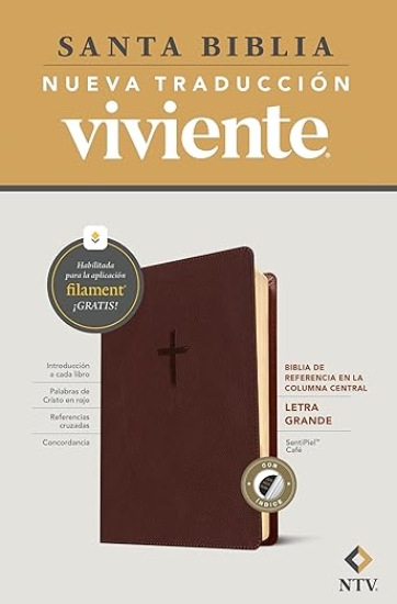Imagen de Biblia de referencia en la columna central NTV, letra grande 9.5, con Filament (SentiPiel, Café, Índice, Letra Roja)