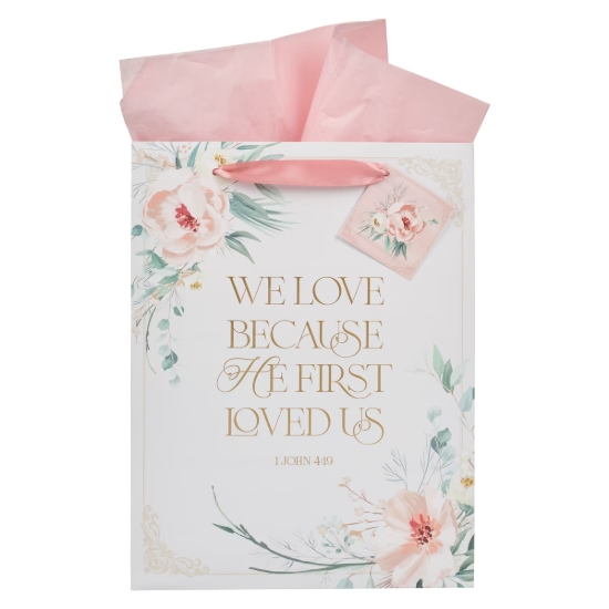 Imagen de Love Peachy-pink Floral Large Portrait Gift Bag - 1 John 4:19