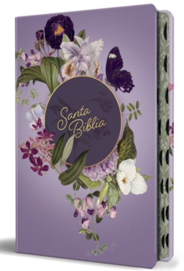 Imagen de Biblia Reina Valera 1909 letra gigante, tapa dura, flores moradas, con cantos pintados e índice