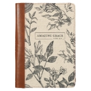Imagen de Amazing Grace Natural Canvas and Honey-brown Faux Leather Journal with Zipper Closure - 2 Corinthians 12:9