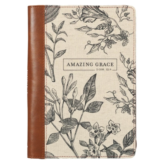 Imagen de Amazing Grace Natural Canvas and Honey-brown Faux Leather Journal with Zipper Closure - 2 Corinthians 12:9